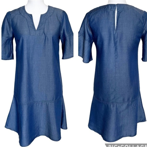 Ann Taylor NWT Notch Neck Short Sleeve Chambray Shift Dress Blue Size XXS Petite - Picture 1 of 10